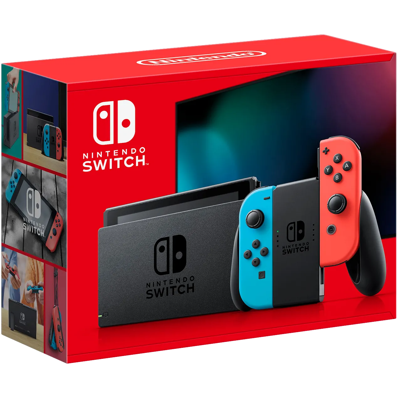 Hộp bán lẻ của console Nintendo Switch tiêu chuẩn với Joy-Con đỏ và xanh