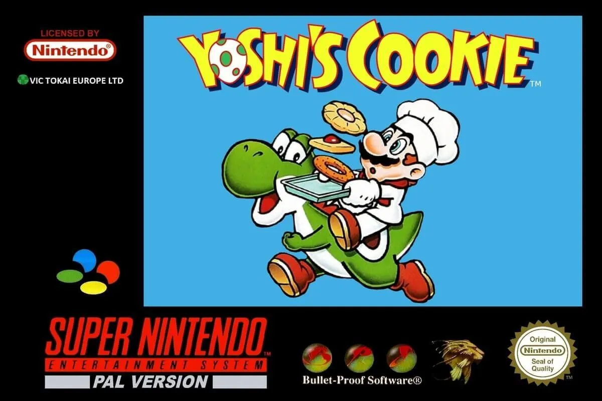 Hộp game Yoshi's Cookie phiên bản PAL cho hệ máy SNES, một tựa game giải đố hấp dẫn của Nintendo.