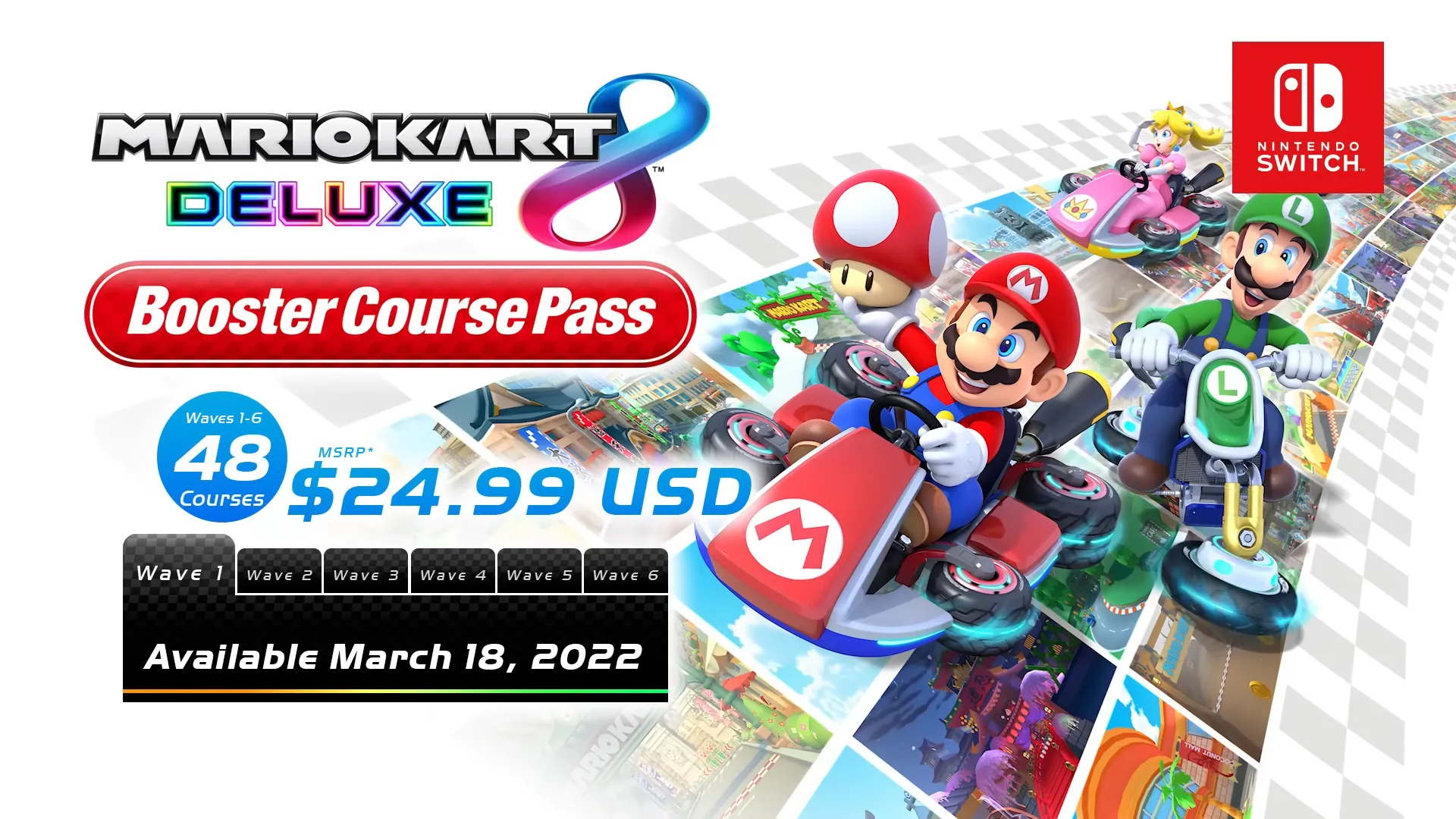 Infographic giới thiệu nội dung Gói Đường Đua Tăng Tốc (Booster Course Pass) của Mario Kart 8 Deluxe, minh họa chiến lược DLC thành công của Nintendo