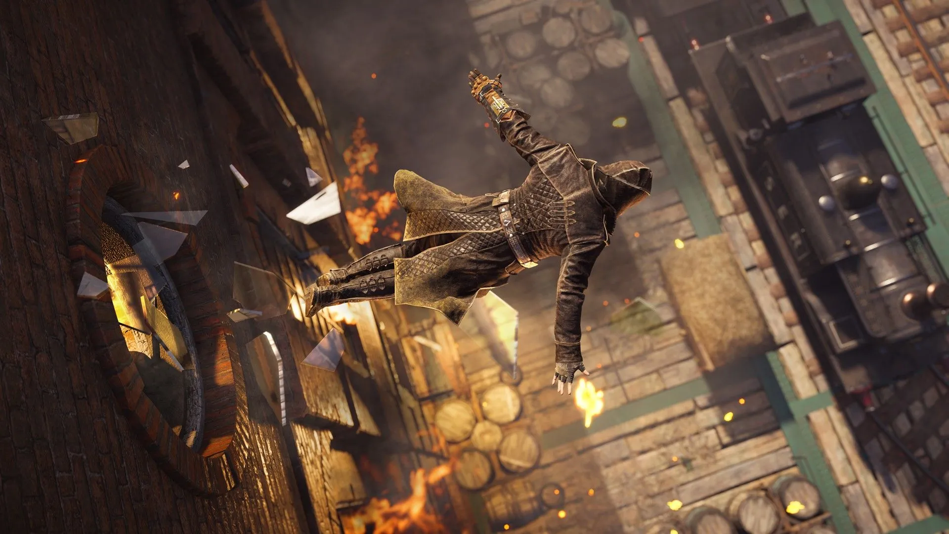 Jacob trong Assassin's Creed Syndicate thực hiện cú &quot;Leap of Faith&quot;, biểu tượng cho sự mạo hiểm trong thiết kế game AAA