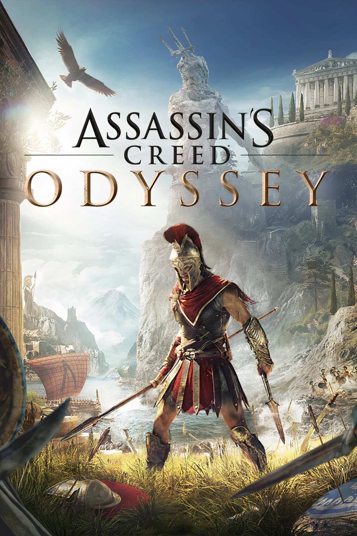 Kassandra đứng trên một vách đá nhìn ra cảnh quan hùng vĩ của Hy Lạp cổ đại trong Assassin's Creed Odyssey, minh họa vẻ đẹp và quy mô của thế giới mở.