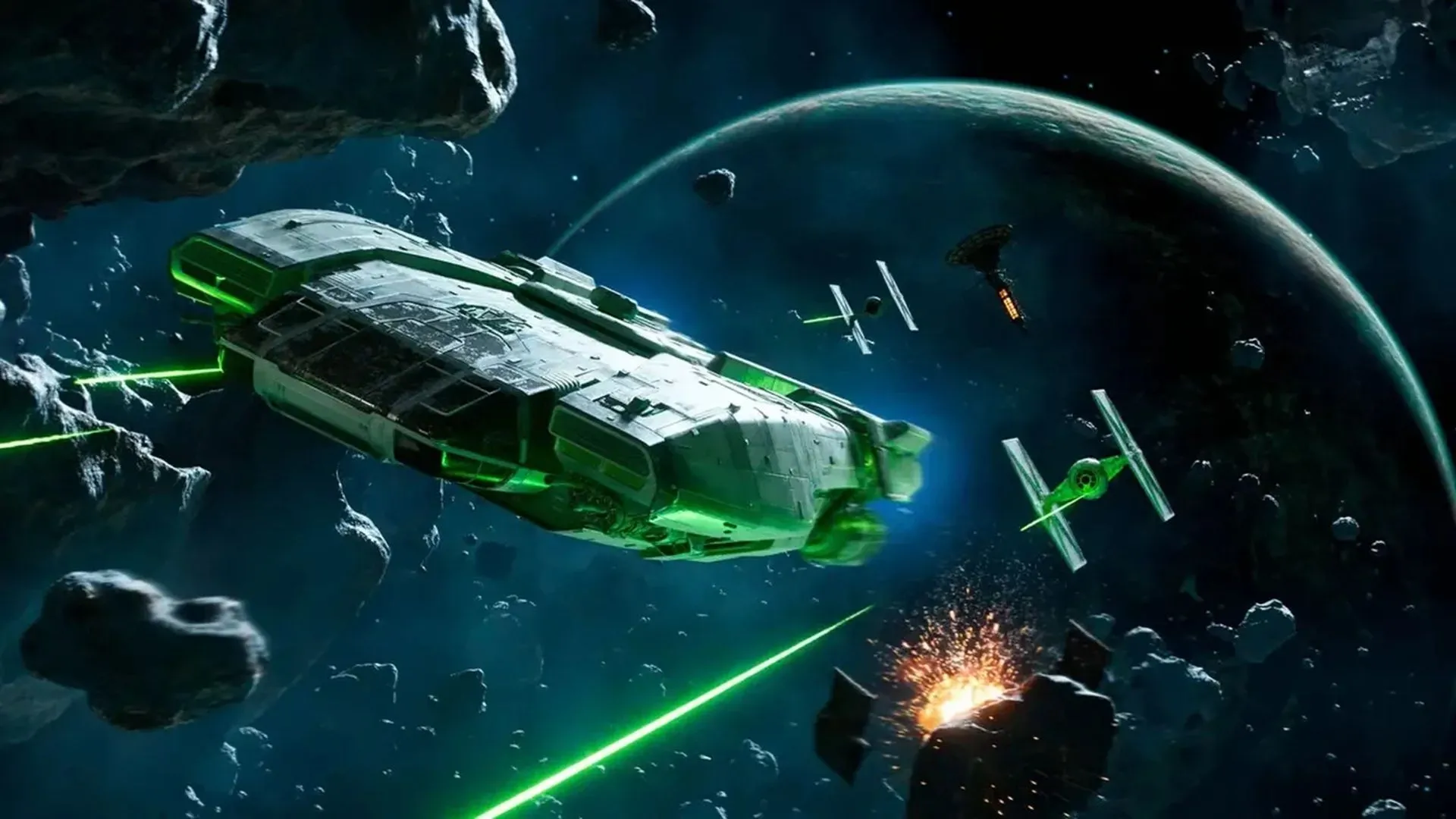 Kay Vess điều khiển phi thuyền bay qua không gian giữa các chiến đấu cơ TIE trong Star Wars Outlaws