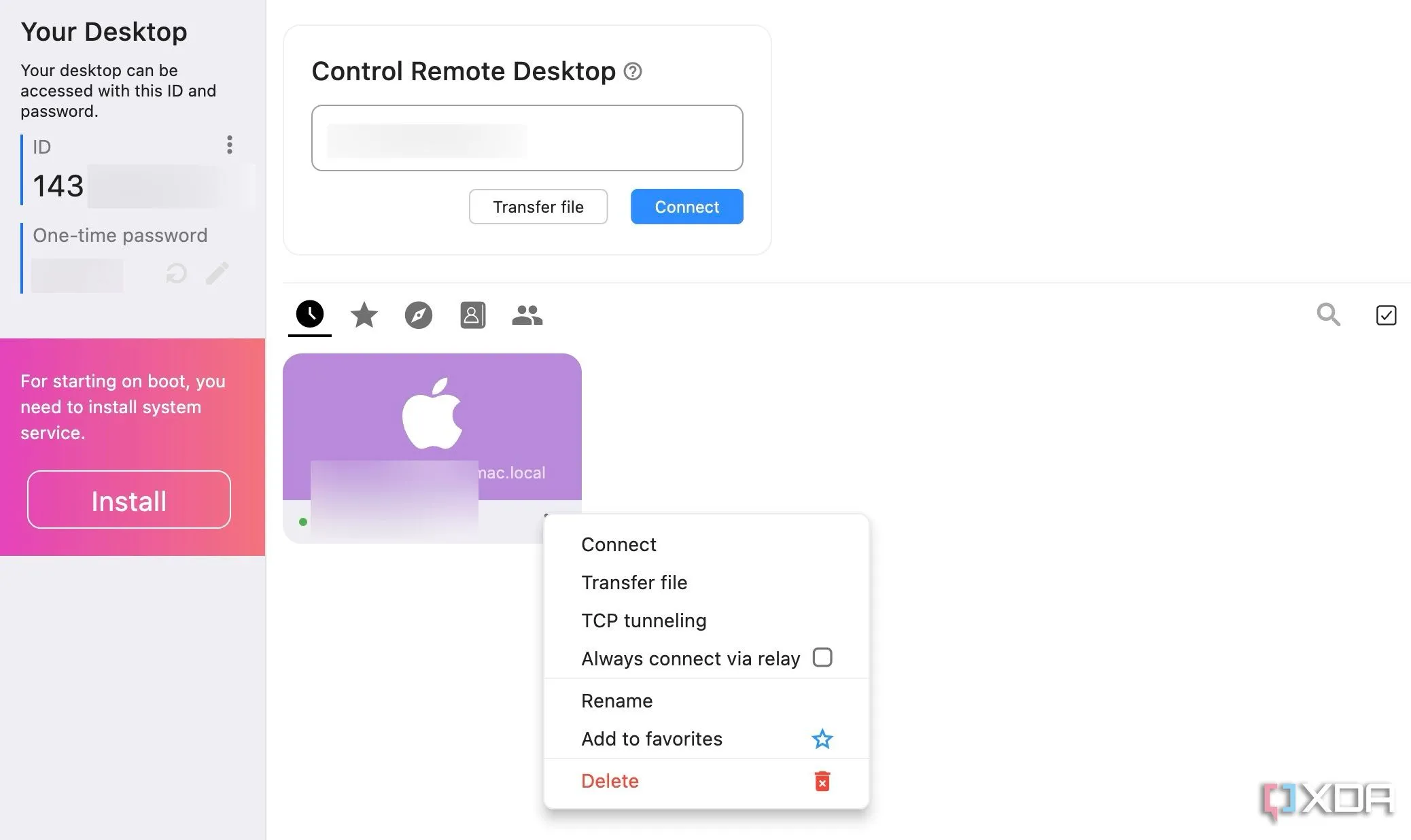 Kết nối thành công trên giao diện RustDesk, biểu tượng truy cập từ xa miễn phí