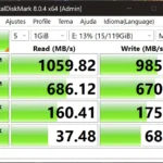 Kết quả kiểm tra tốc độ đọc/ghi SSD bằng CrystalDiskMark trên Dockcase Pocket Photography Edition, hiển thị sự sụt giảm hiệu suất