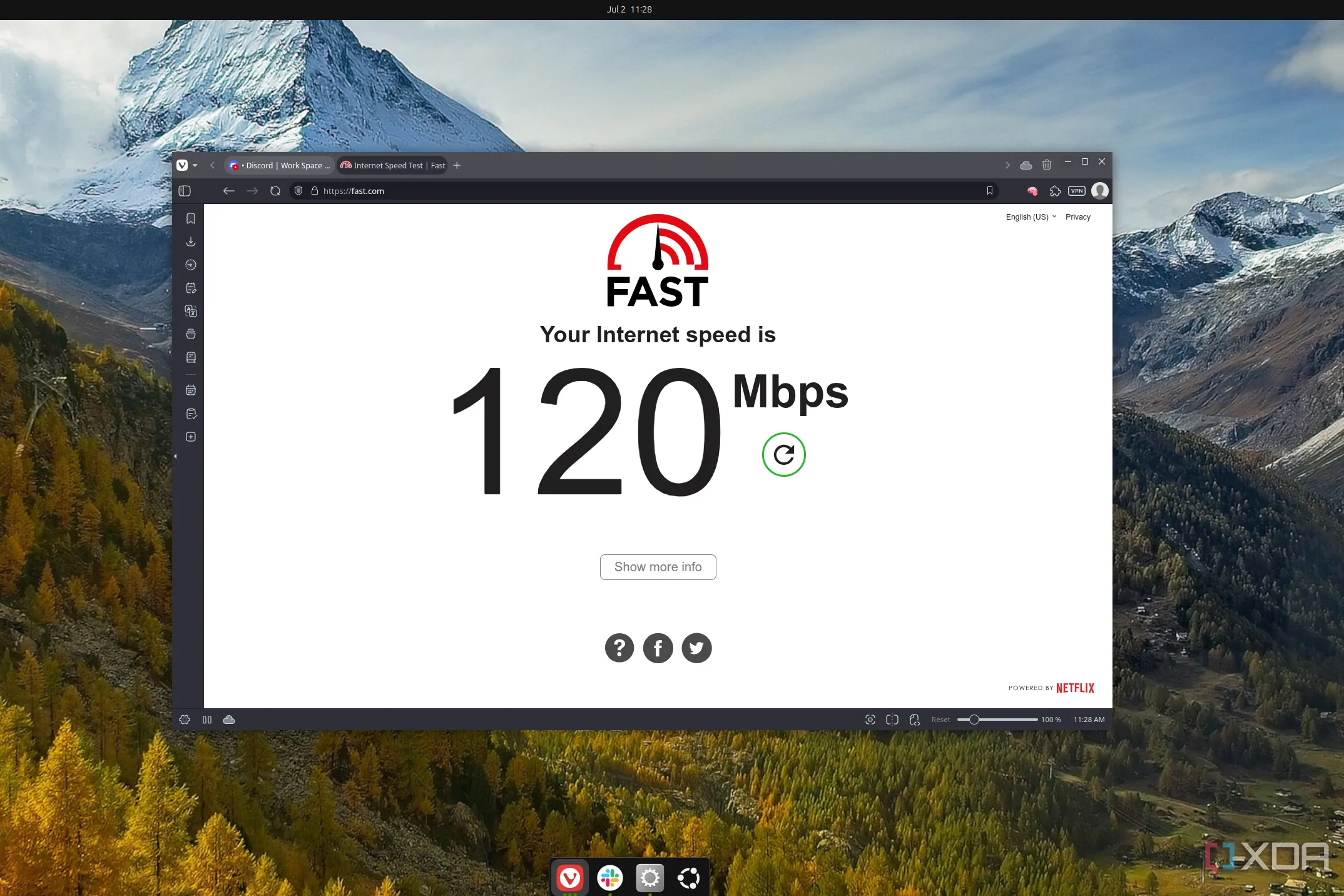 Kết quả kiểm tra tốc độ internet 120Mbps trên Ubuntu qua Vivaldi trên Geekom IT15