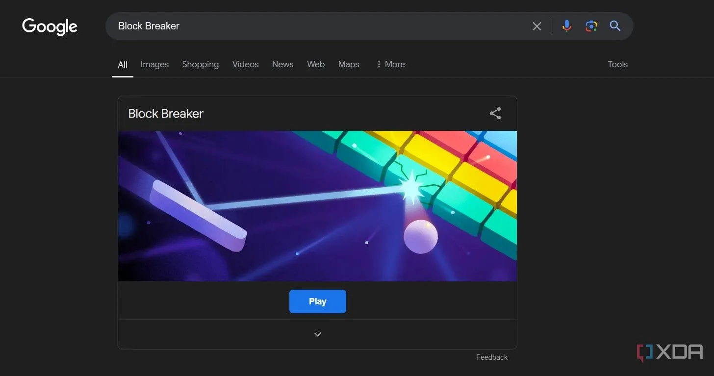 Kết quả tìm kiếm Google hiển thị trò chơi Block Breaker ngay trên trang, cho phép người dùng bắt đầu chơi trực tiếp.