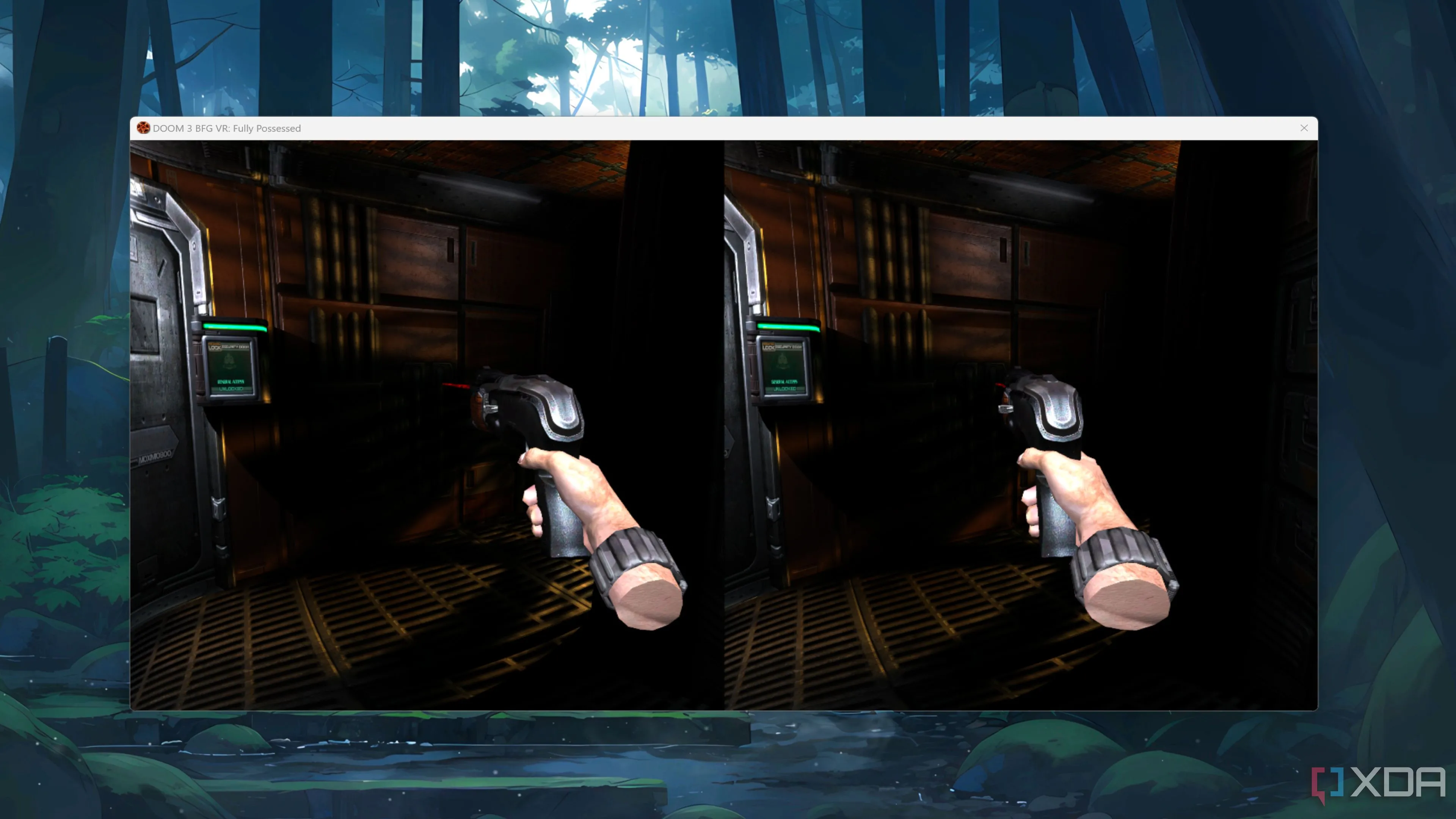 Khung cảnh trong game Doom 3: BFG Edition khi chơi ở chế độ thực tế ảo với mod Fully Possessed, tăng cường trải nghiệm kinh dị.