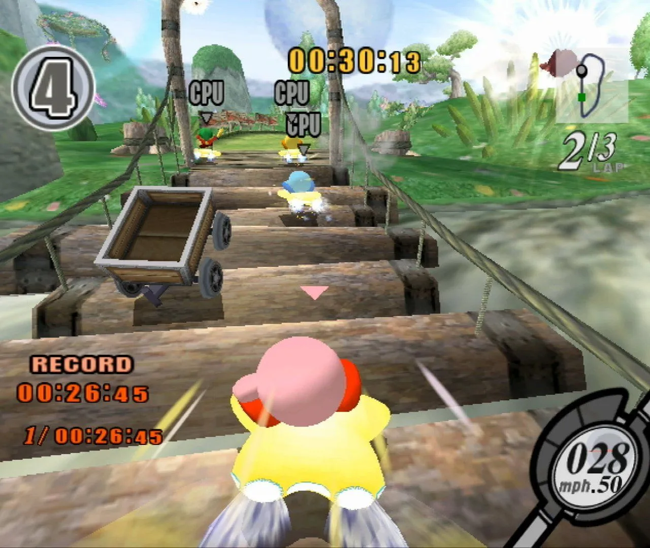 Kirby cưỡi xe bay qua cầu gỗ trong Kirby Air Ride, minh họa phong cách đua xe độc đáo của game.