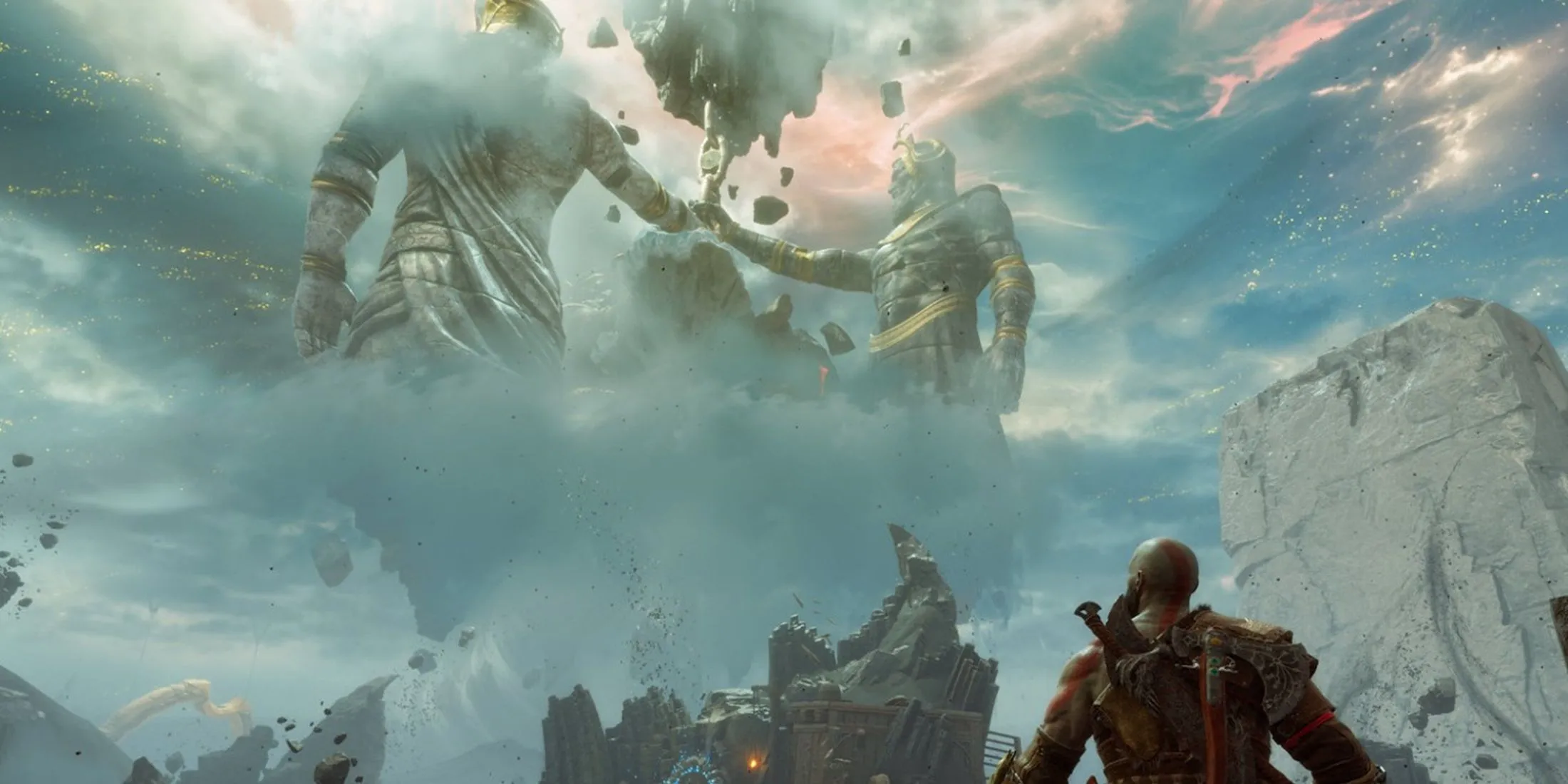 Kratos chiêm ngưỡng tượng đài khổng lồ trong thế giới thần thoại của God of War Ragnarok