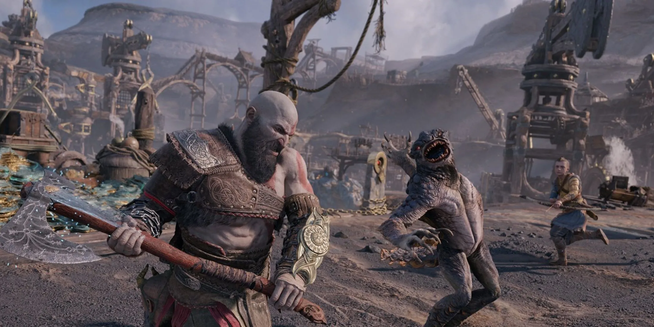 Kratos và Atreus cùng chiến đấu chống lại quái vật trong God of War Ragnarok