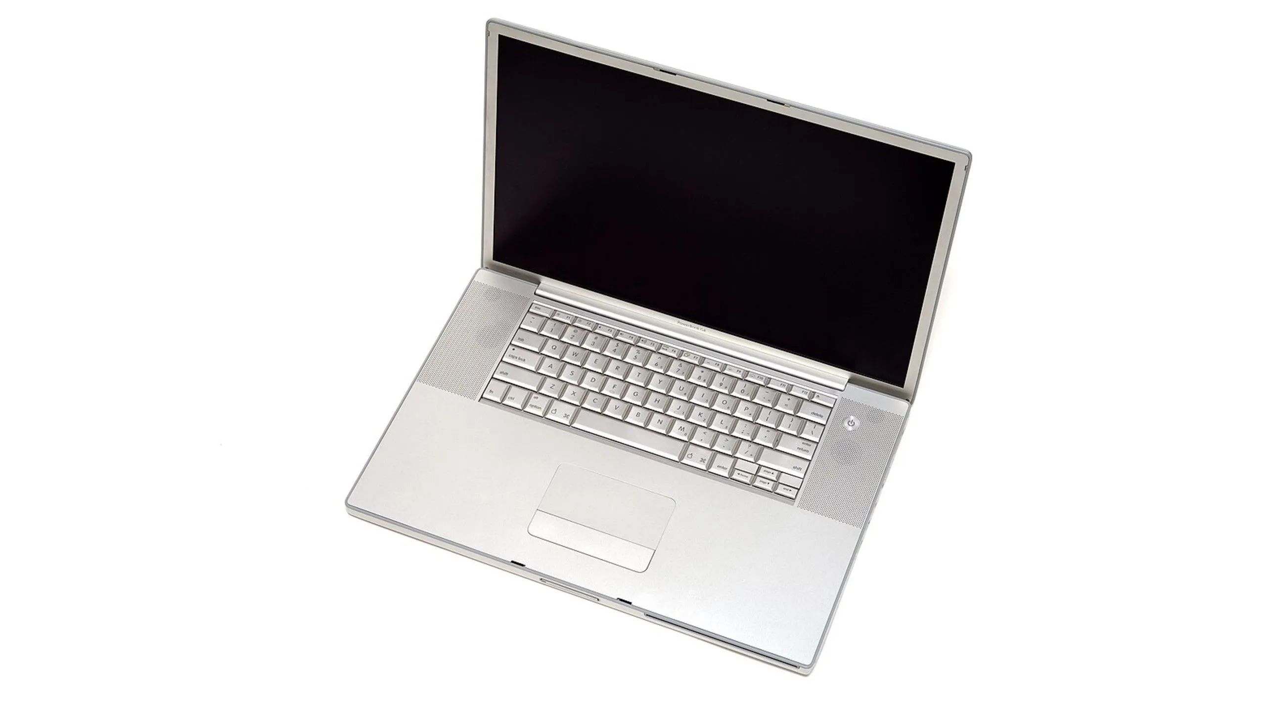Laptop Apple PowerBook G4 với màn hình 17 inch và bàn phím có đèn nền