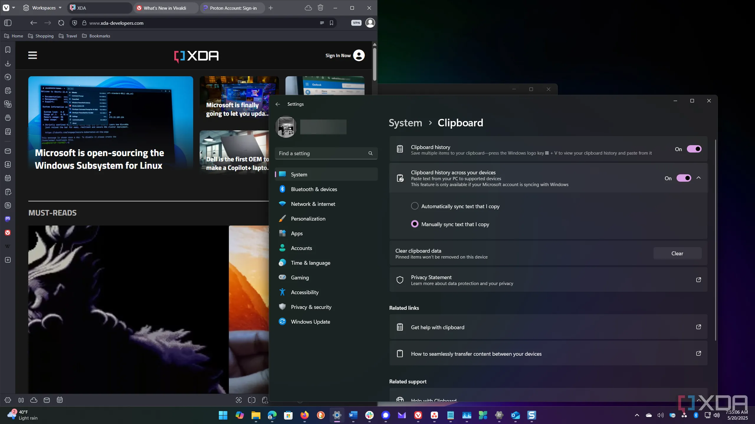 Lịch sử Clipboard trong Cài đặt Windows 11 giúp quản lý bản sao chép.