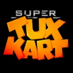 Logo game SuperTuxKart hình chim cánh cụt Tux đội mũ bảo hiểm đua xe