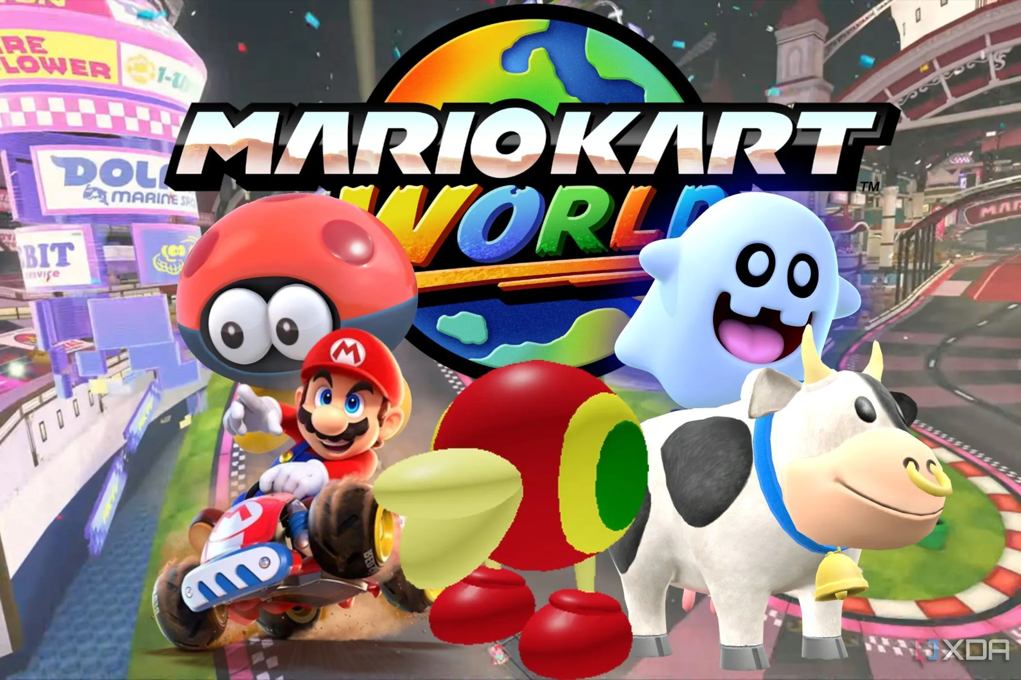 Logo Mario Kart World kèm các nhân vật đặc trưng, biểu tượng cho sức hút và tiềm năng phát triển nội dung của tựa game độc quyền Switch 2