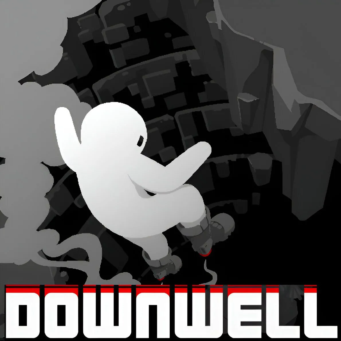 Lối chơi đơn giản nhưng gây nghiện của Downwell, nơi nhân vật rơi xuống giếng và thu thập tinh thể, thể hiện yếu tố roguelike.