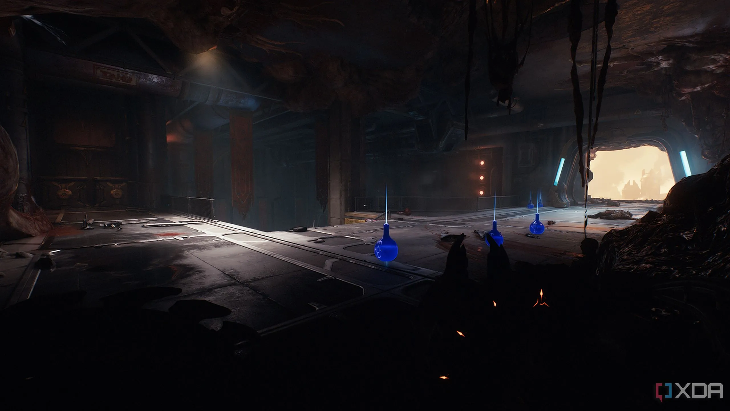 Lối đi nhỏ bên trái cầu thang dẫn đến khu vực chứa đồ chơi sưu tầm trong Doom The Dark Ages.
