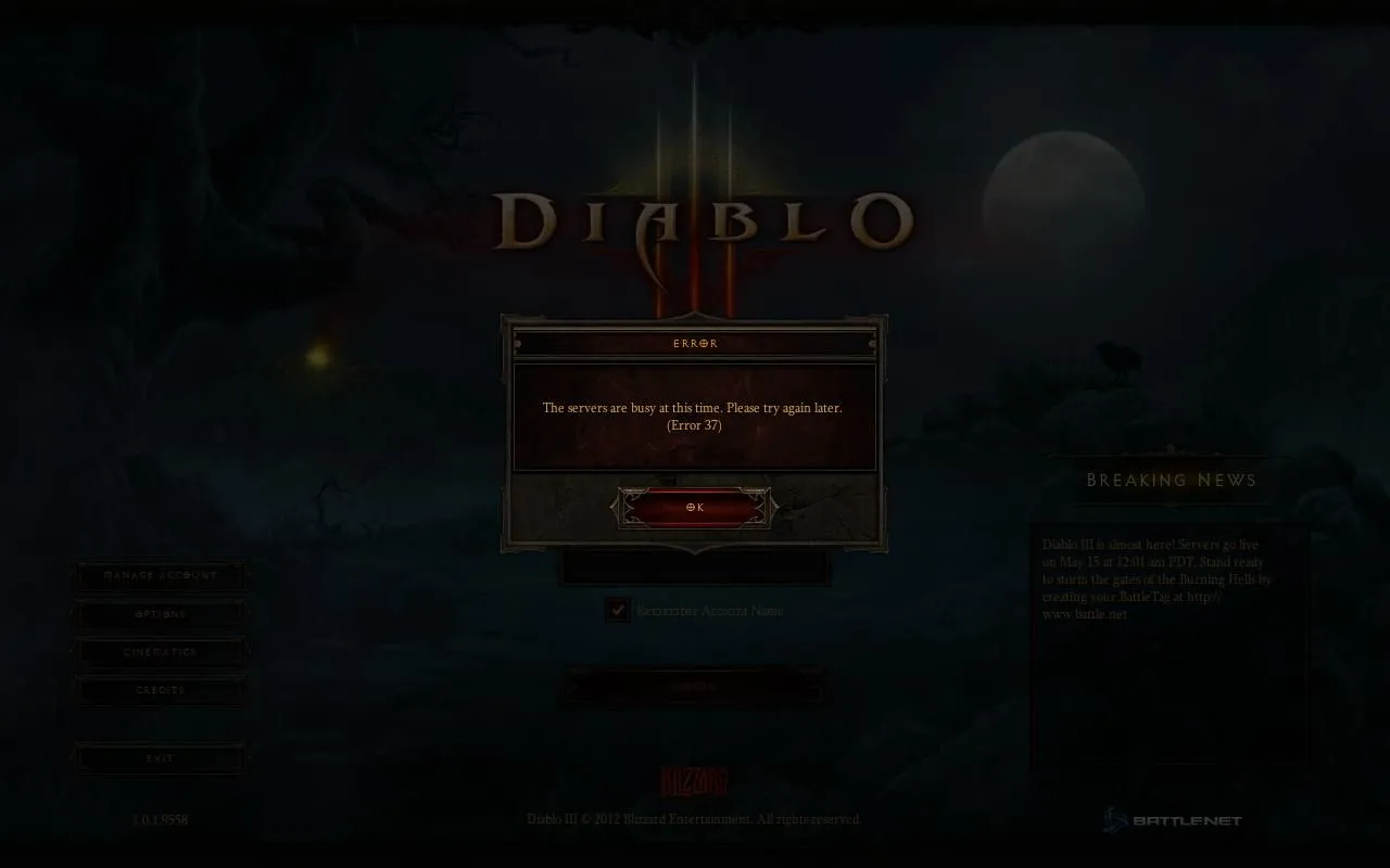 Lỗi Error 37 trong Diablo III khiến người chơi không thể truy cập máy chủ