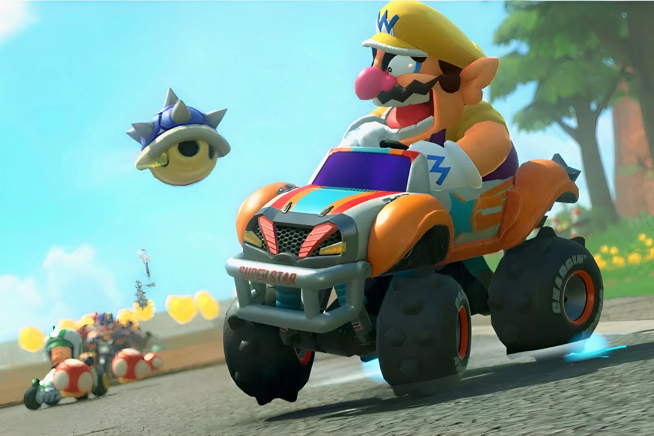 Mai rùa xanh Blue Shell bay về phía Wario đang giận dữ trong Mario Kart World