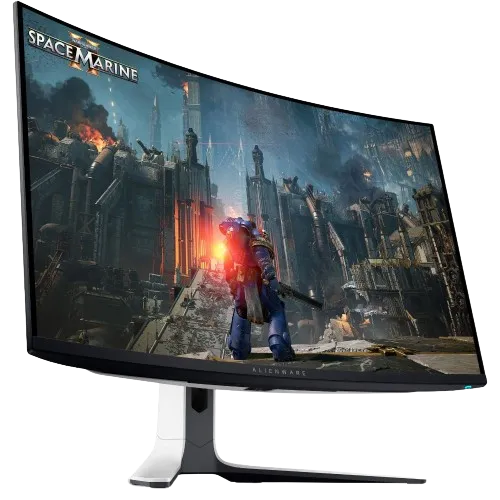 Màn hình Alienware AW3225QF với thiết kế cong và hiệu ứng ánh sáng RGB