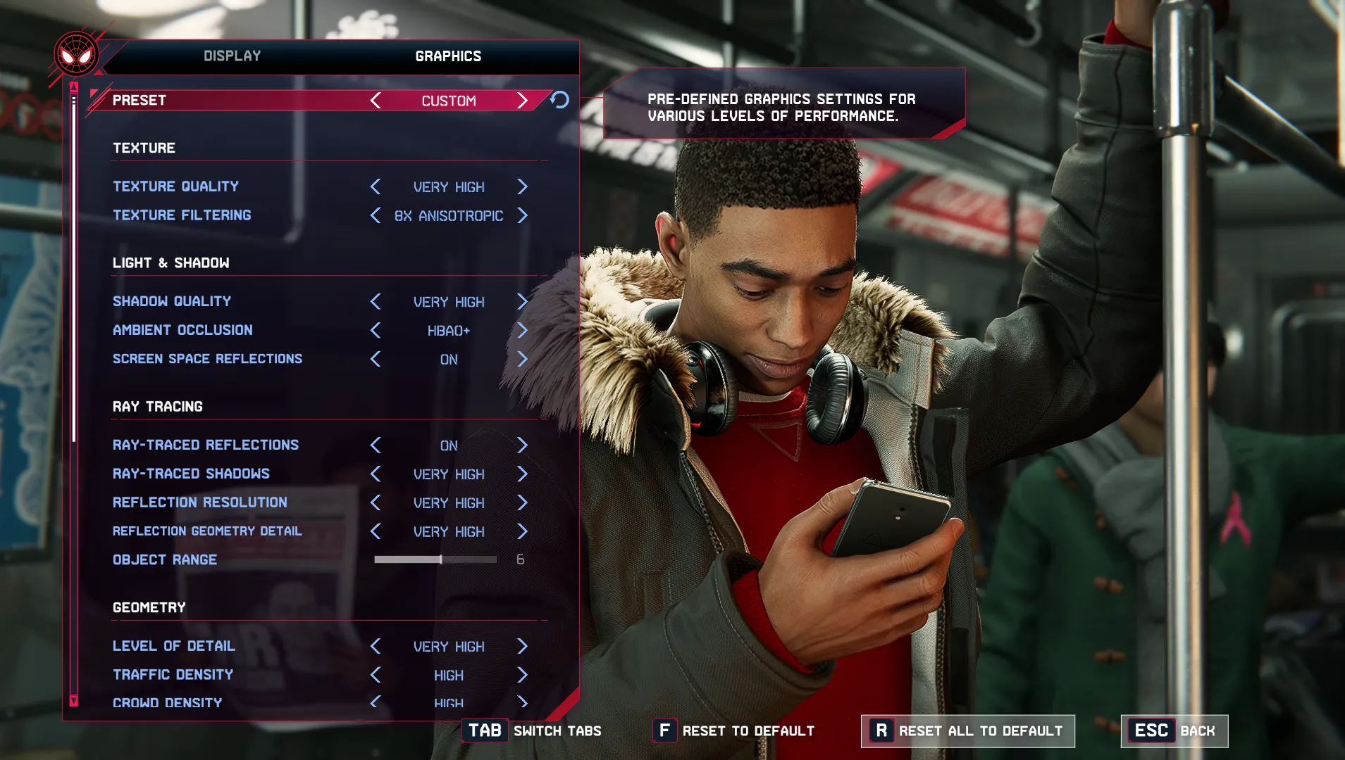 Màn hình cài đặt đồ họa trong game Spider-Man: Miles Morales