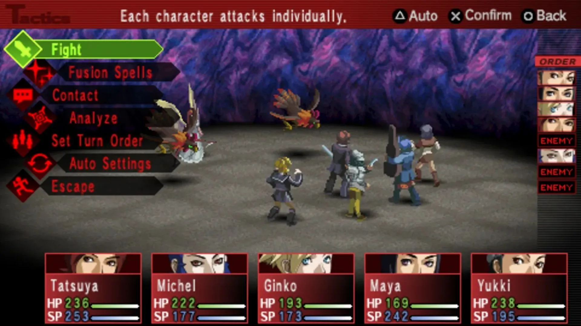 Màn hình chiến đấu đặc trưng của Shin Megami Tensei: Persona 2 Innocent Sin trên PSP, tựa game nhập vai JRPG được giới sưu tầm săn đón.