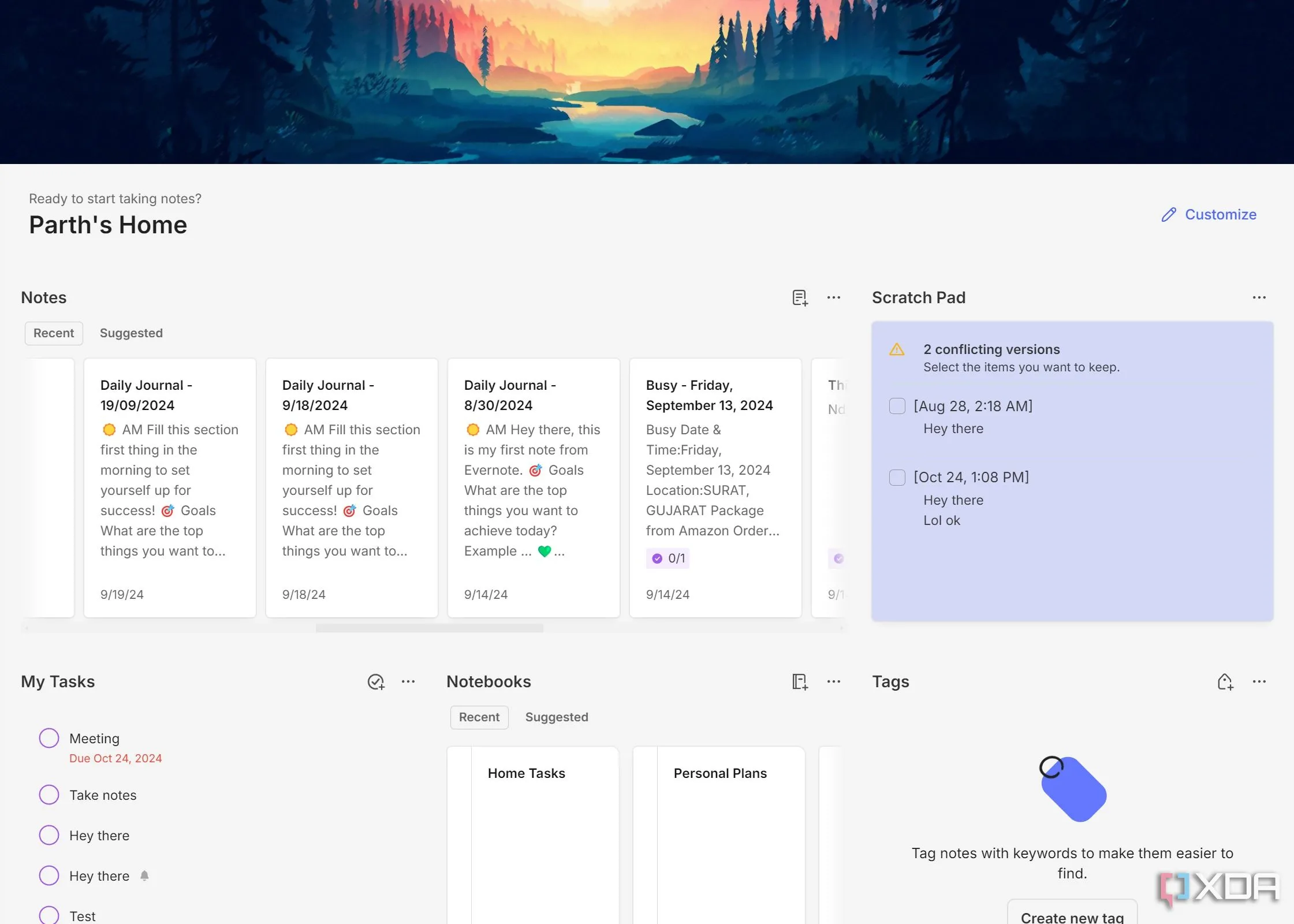 Màn hình chính (Home) của Evernote với các widget tùy chỉnh, hiển thị ghi chú gần đây và lịch làm việc.