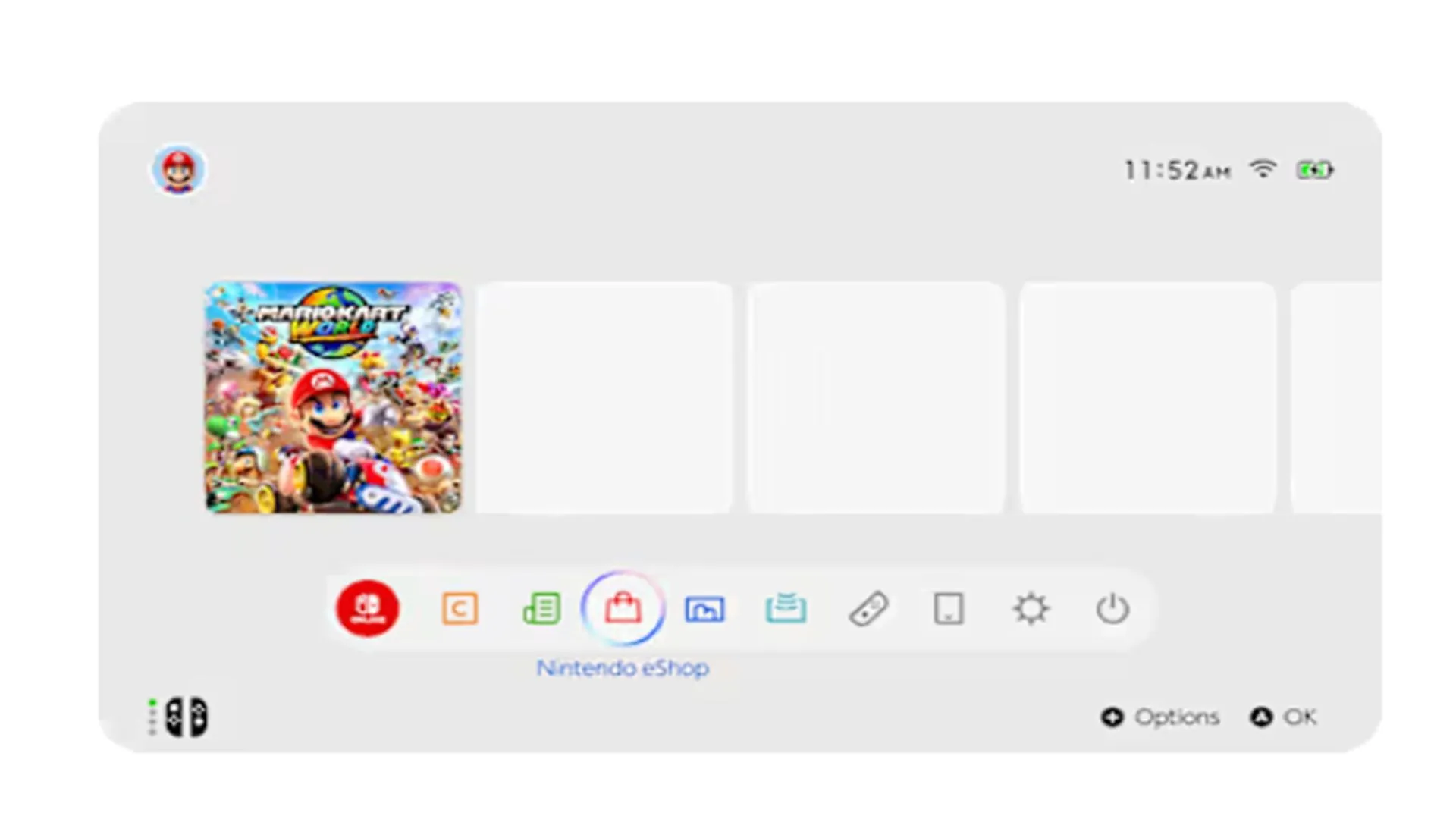 Màn hình chính Nintendo Switch 2 với giao diện quen thuộc, không thay đổi nhiều so với phiên bản tiền nhiệm