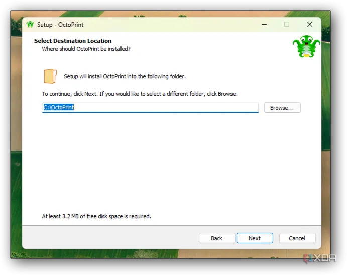Màn hình chọn thư mục cài đặt OctoPrint trên hệ điều hành Windows