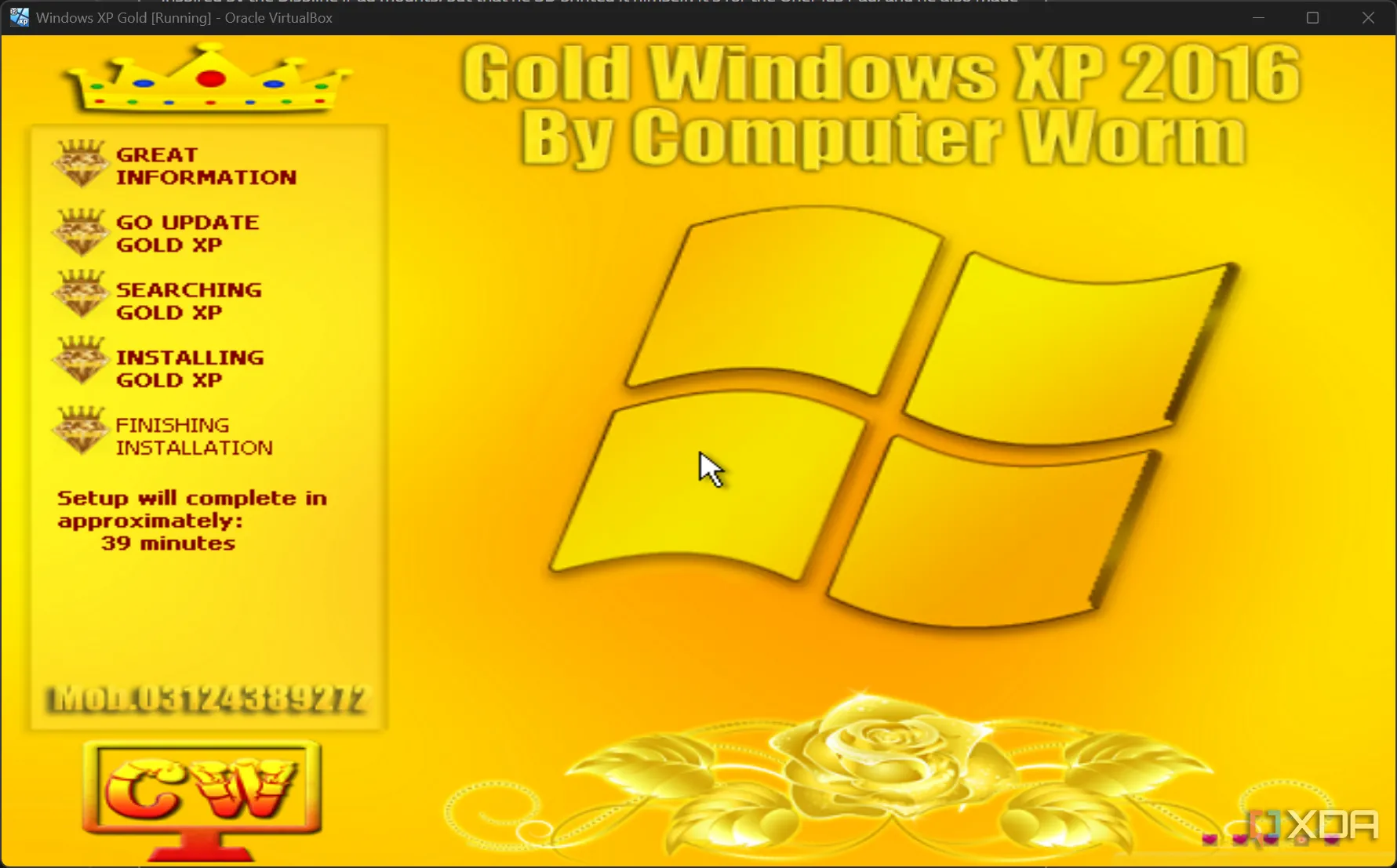 Màn hình desktop rực rỡ của Windows XP Gold Edition với tông màu vàng chủ đạo và các biểu tượng được thay đổi.