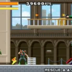 Màn hình gameplay Ninja Five-O hiển thị nhân vật Joe Osugi vượt qua màn chơi đầy kẻ thù.