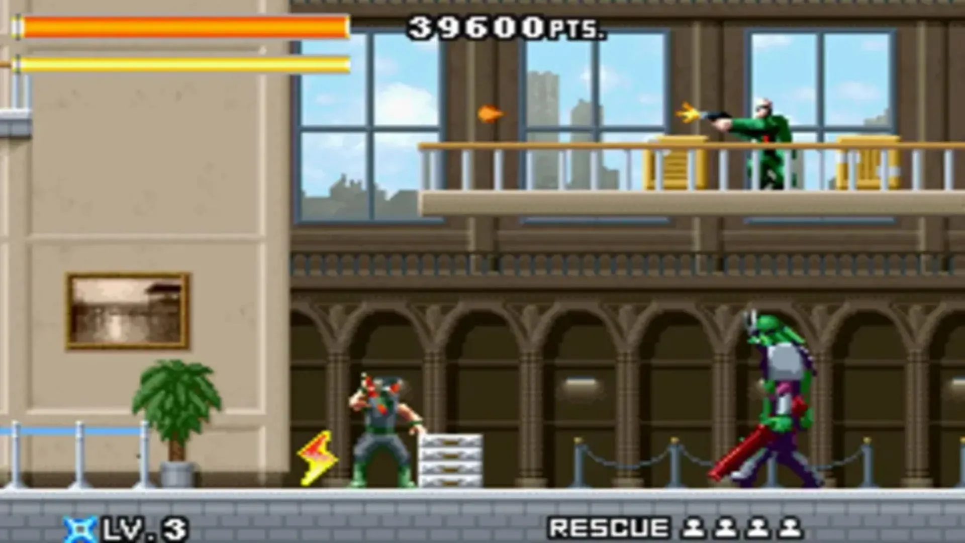Màn hình gameplay Ninja Five-O hiển thị nhân vật Joe Osugi vượt qua màn chơi đầy kẻ thù.