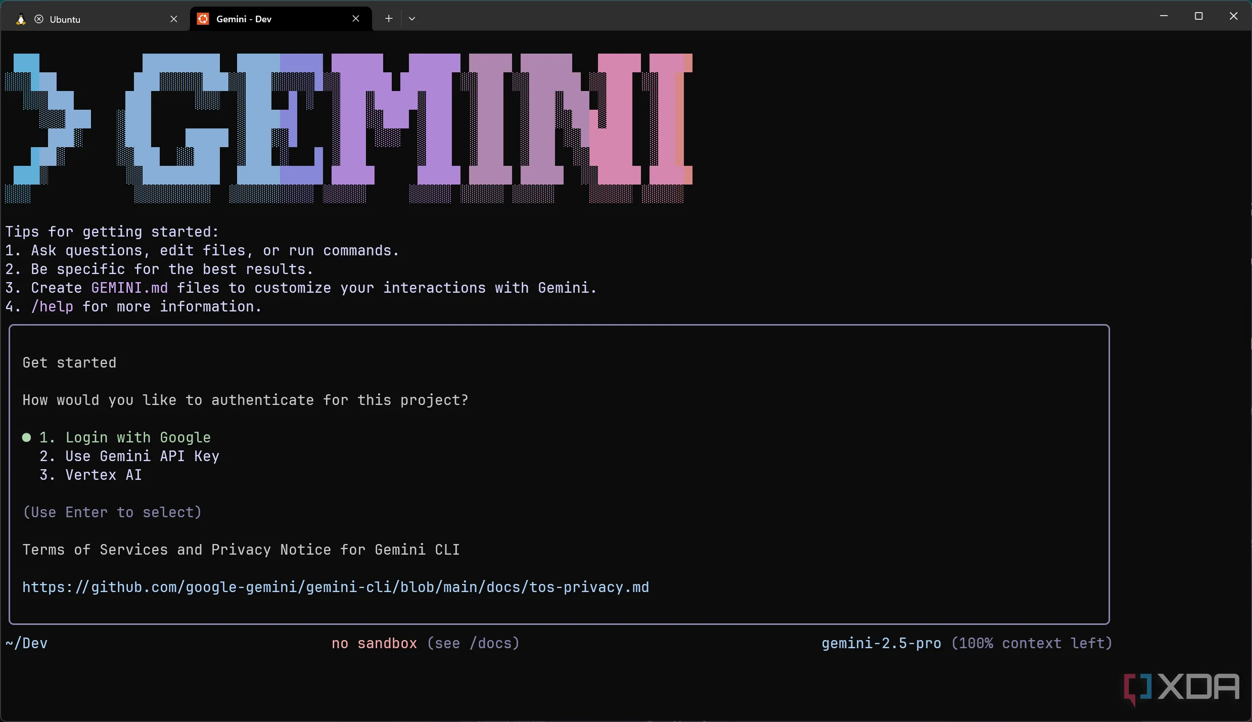 Màn hình giao diện chính của Gemini CLI trên terminal hiển thị các tùy chọn và thông báo chào mừng.