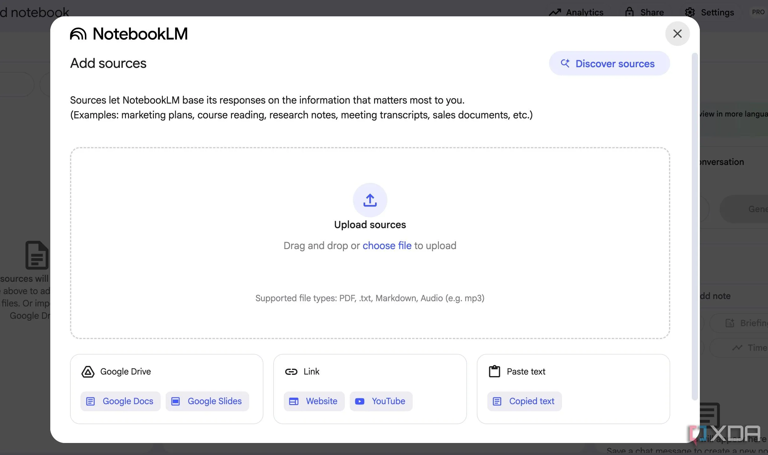 Màn hình NotebookLM hiển thị tùy chọn thêm nguồn tài liệu từ Google Drive, PDF, hoặc Văn bản