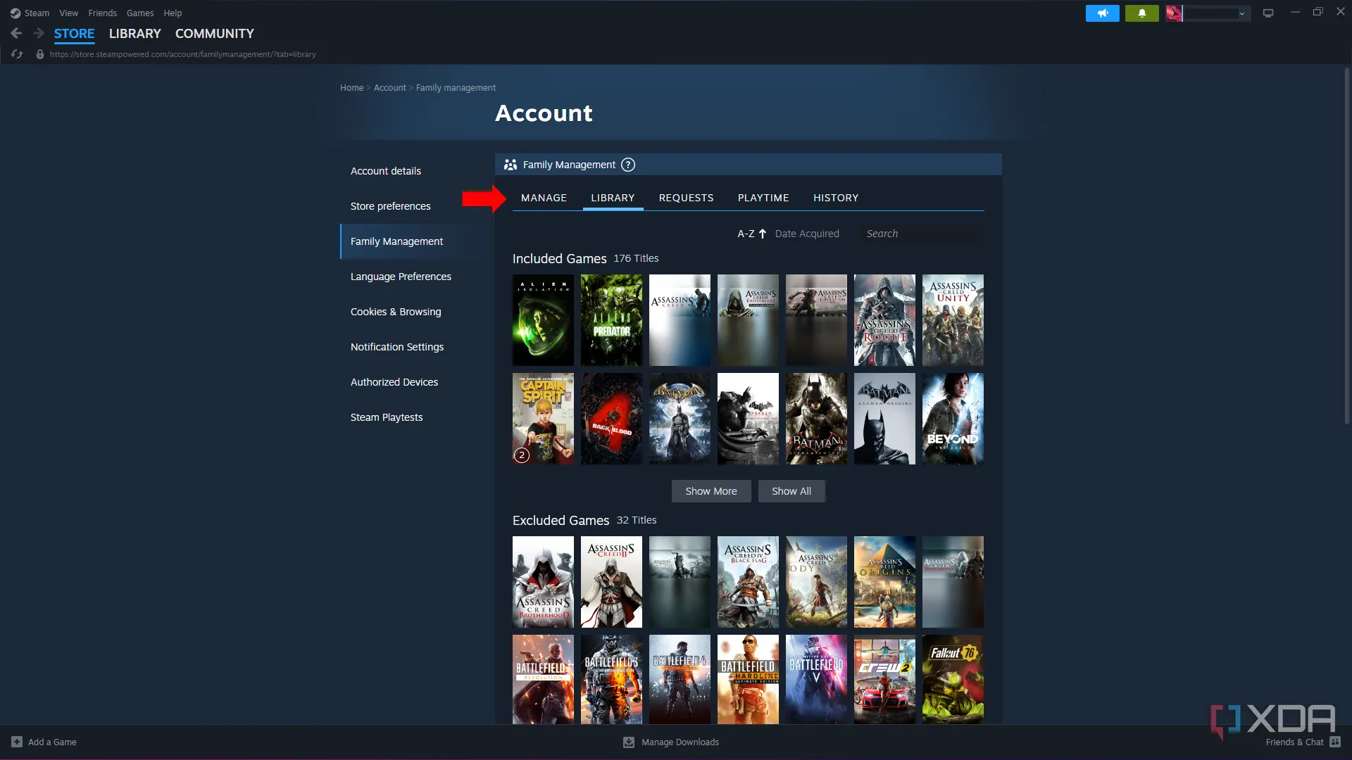 Màn hình quản lý Chia Sẻ Thư Viện Gia Đình trong cài đặt Steam, nơi người dùng có thể tạo nhóm và chia sẻ bộ sưu tập game