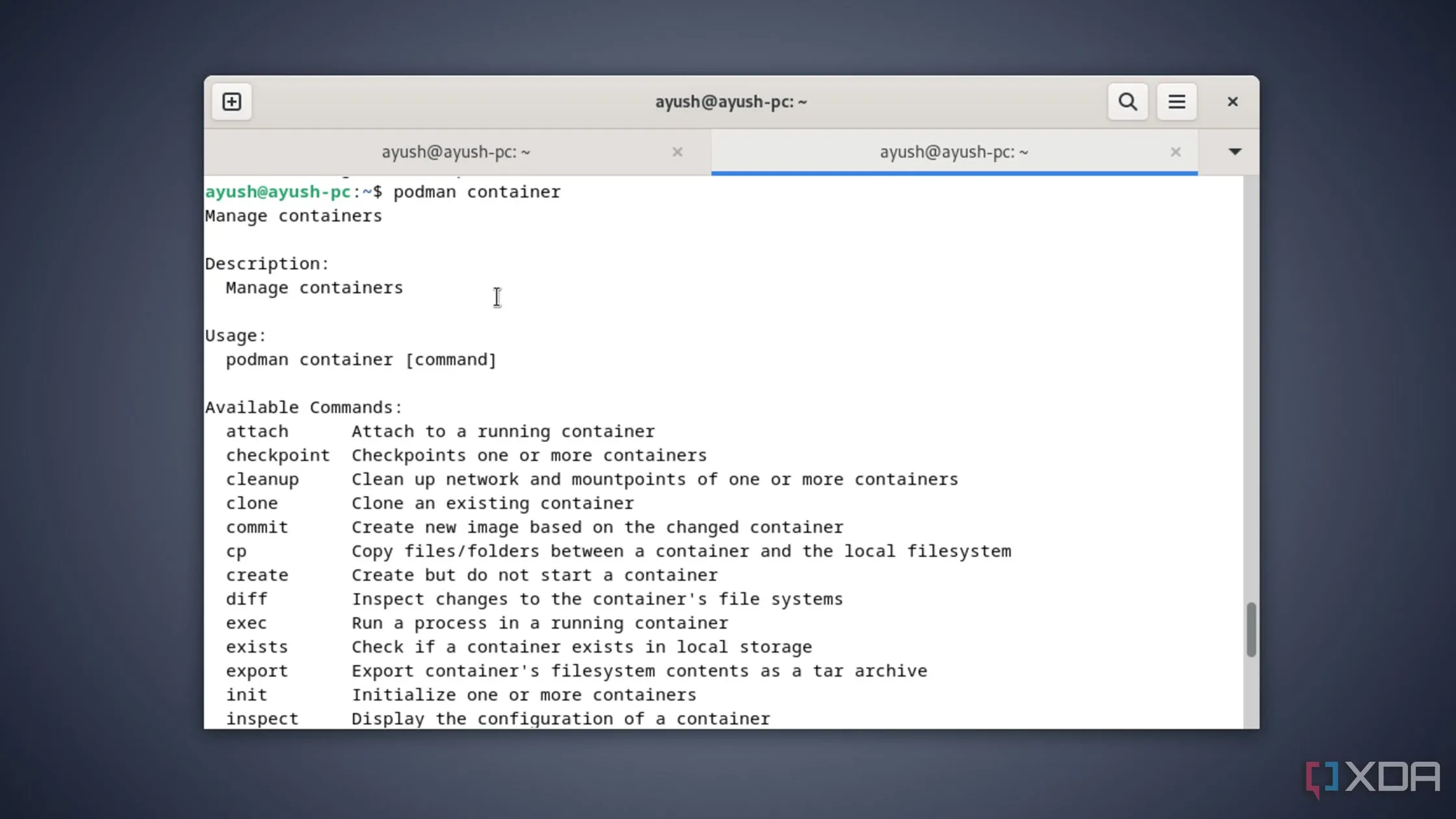 Màn hình terminal hiển thị lệnh podman container, minh họa khả năng tích hợp sâu với Systemd