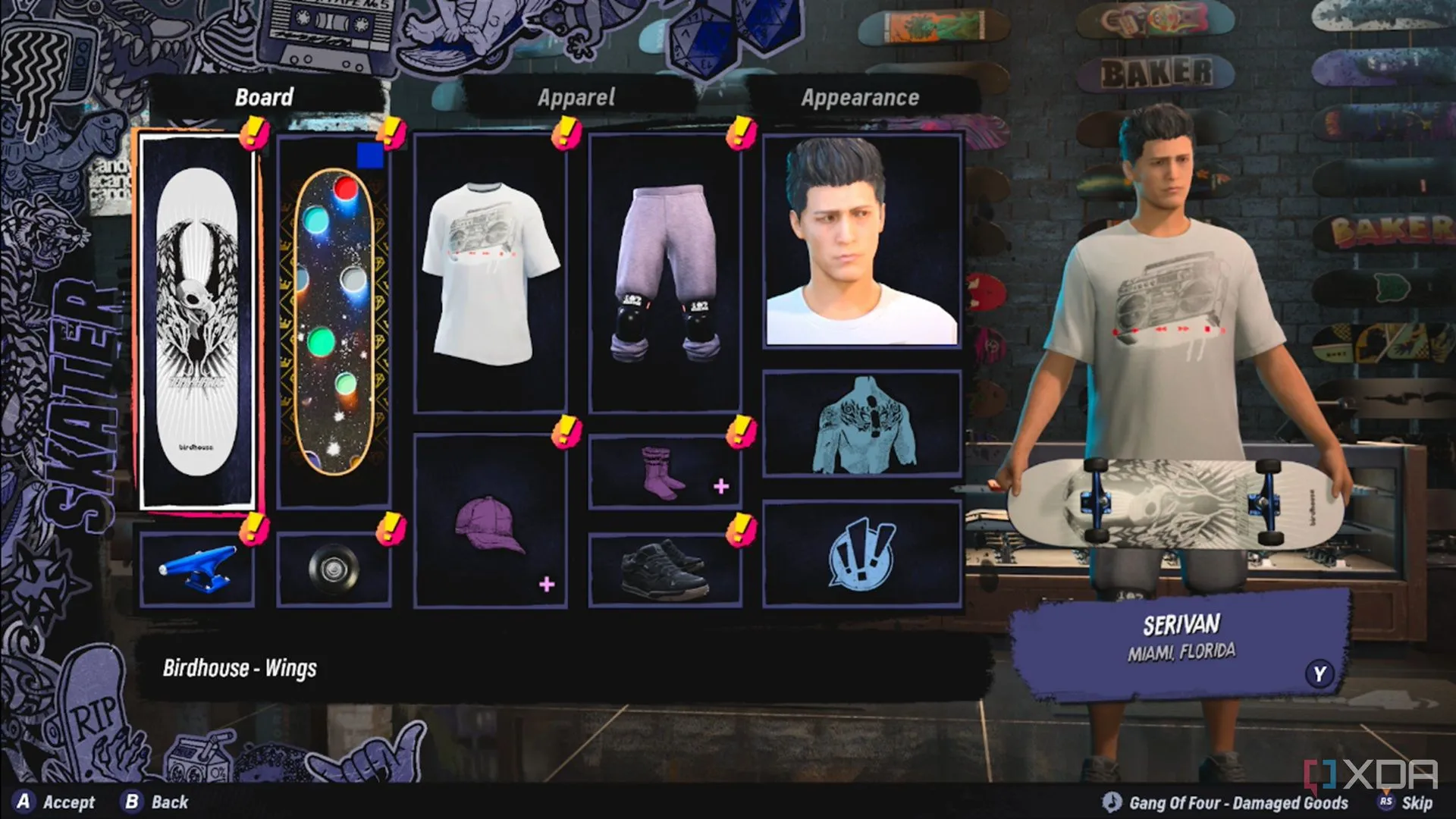 Màn hình tùy chỉnh nhân vật Create-A-Skater trong Tony Hawk's Pro Skater 3+4, hiển thị các tùy chọn trang phục