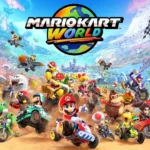 Mario đang điều khiển xe kart trên đường đua phức tạp của Mario Kart World