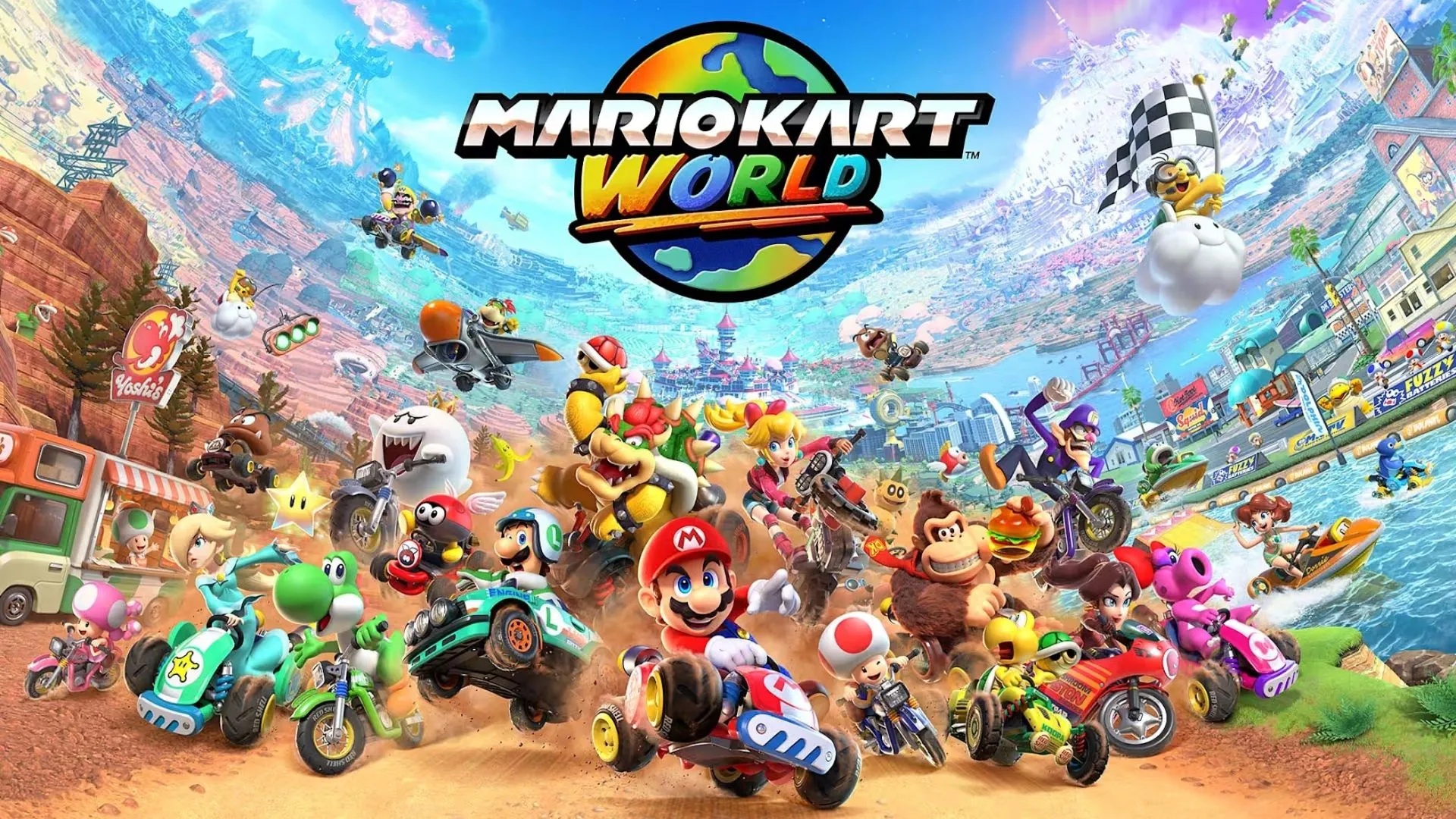 Mario đang điều khiển xe kart trên đường đua phức tạp của Mario Kart World