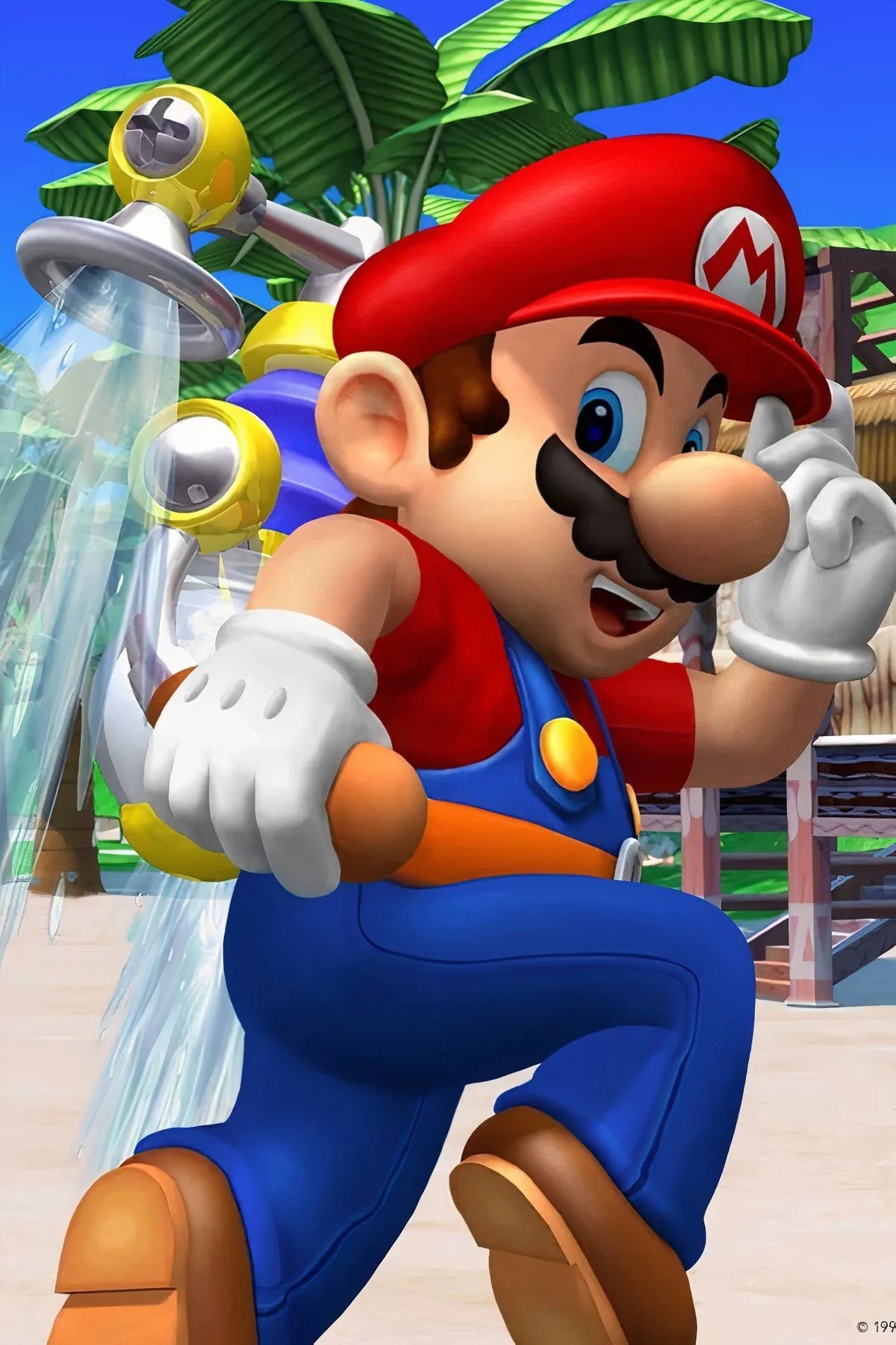 Mario sử dụng thiết bị FLUDD trên Đảo Delfino, minh họa gameplay độc đáo của Super Mario Sunshine