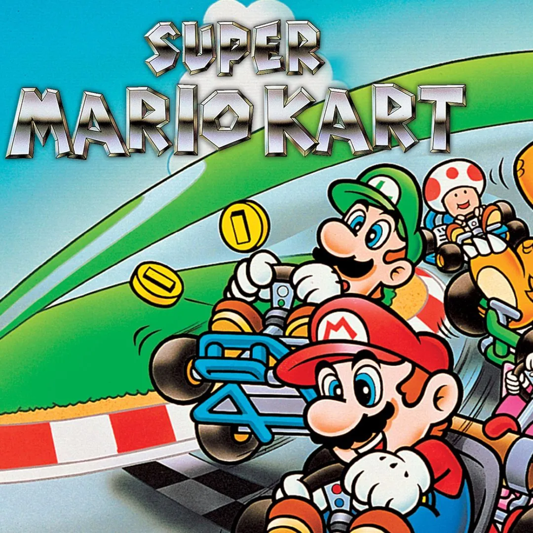 Mario trên xe kart tại đường đua kinh điển SNES