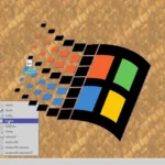 Máy tính để bàn Windows 95 với logo Windows 95 lớn, biểu tượng cho kỷ nguyên công nghệ