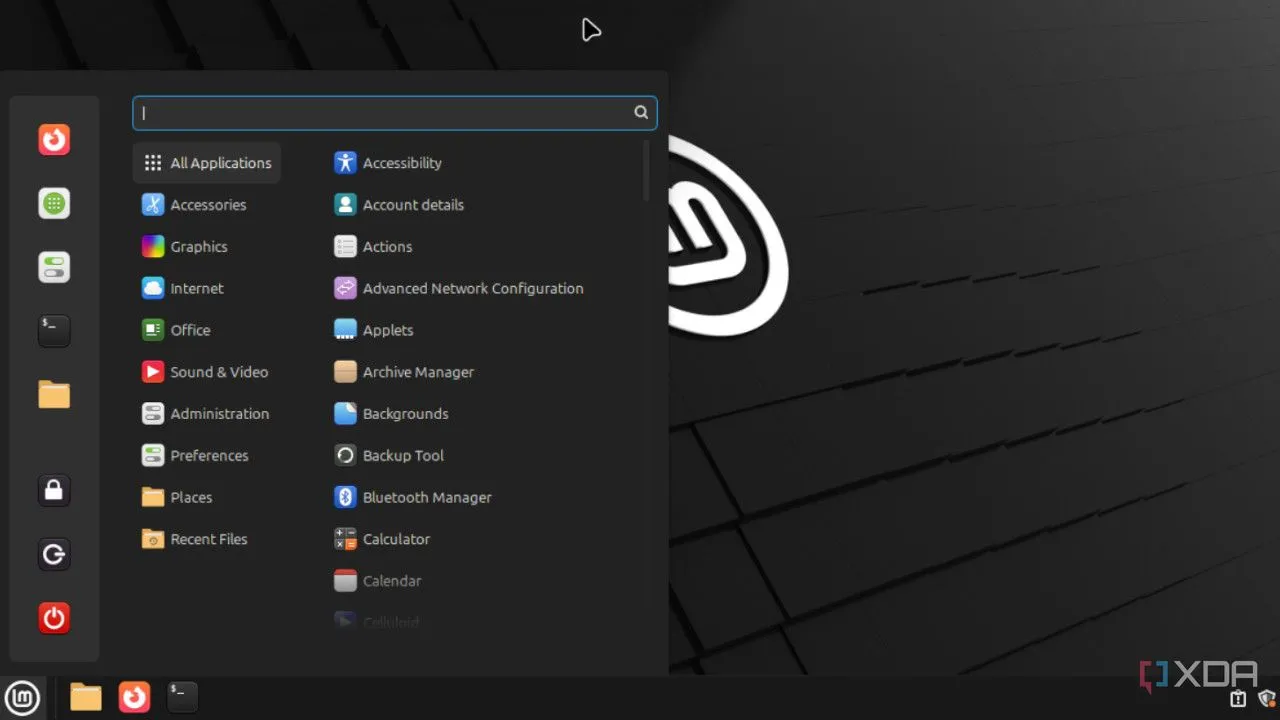 Menu Start của Linux Mint hiển thị các ứng dụng được phân loại rõ ràng, tối ưu cho việc tìm kiếm.