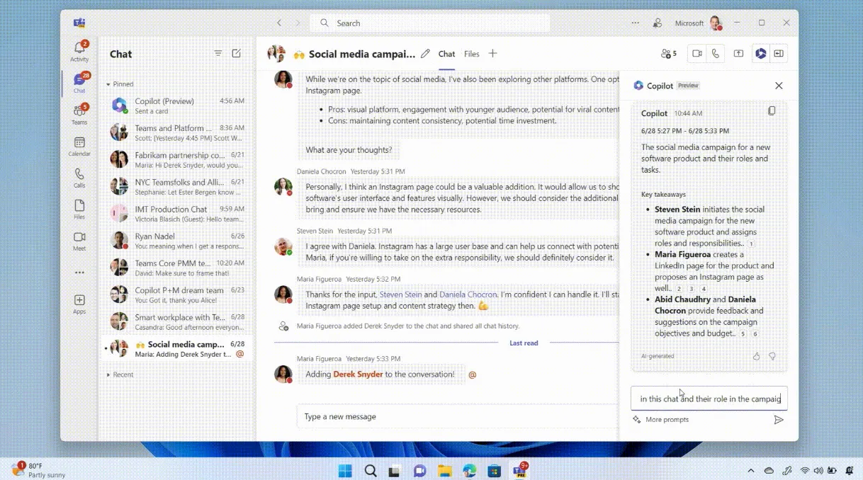 Microsoft Copilot đang hoạt động trong cuộc trò chuyện nhóm của Microsoft Teams