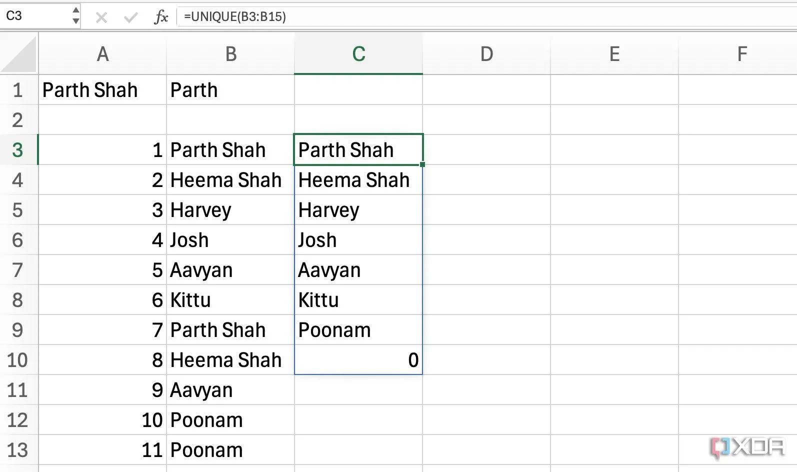 Minh họa hàm UNIQUE để lọc các giá trị không trùng lặp trong bảng tính Excel