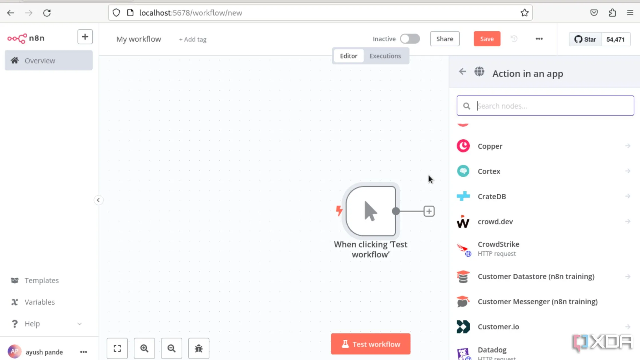 Minh họa quá trình tạo workflow thử nghiệm trong n8n, cho thấy cách kết nối các tác vụ và ứng dụng để tự động hóa.