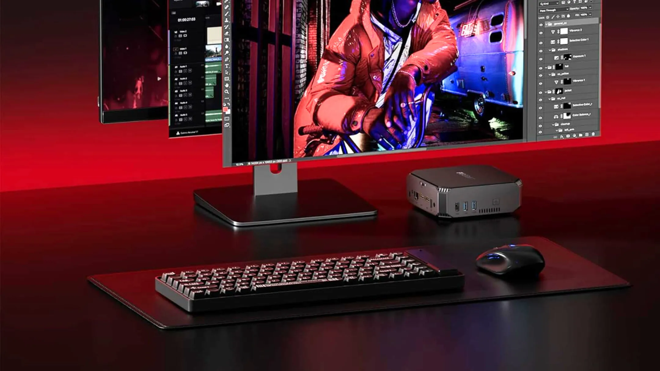 Mini PC FIREBAT AK2 đặt trên bàn làm việc, thể hiện thiết kế tinh tế và không gian gọn gàng