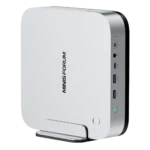 Minisforum AI X1 Pro mini PC với thiết kế nhỏ gọn, hiển thị các cổng kết nối và logo Minisforum.