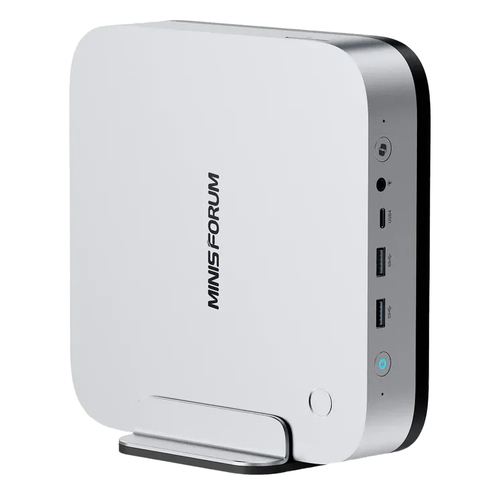 Minisforum AI X1 Pro mini PC với thiết kế nhỏ gọn, hiển thị các cổng kết nối và logo Minisforum.