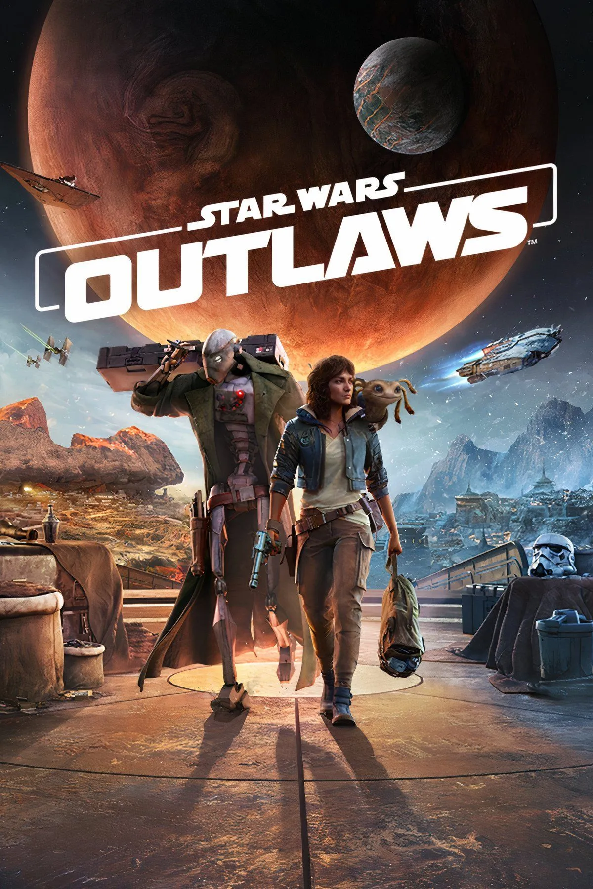Mix collage các cảnh từ Star Wars Outlaws, bao gồm Kay Vess và Nix, phương tiện và môi trường game