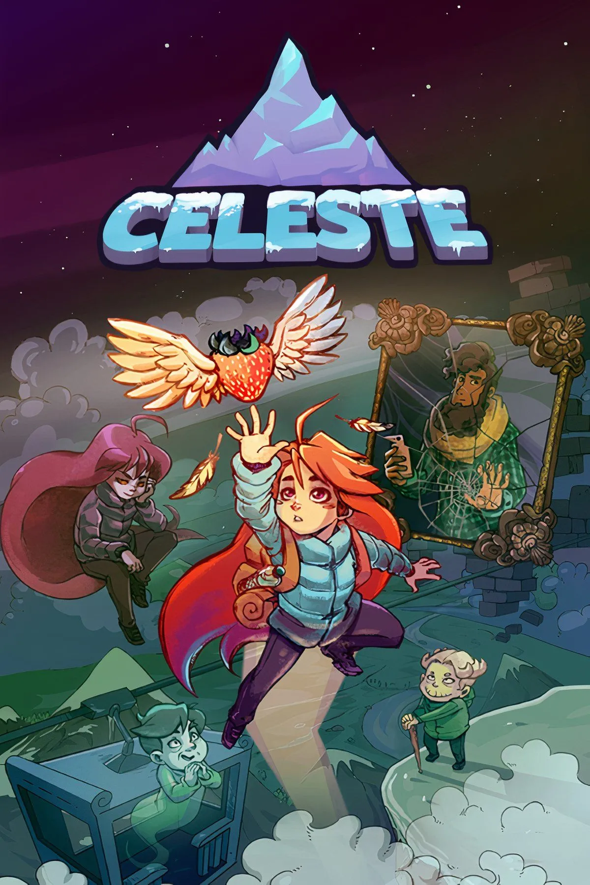 Mixcollage các cảnh chơi game Celeste với Madeline đang leo núi và đối thoại
